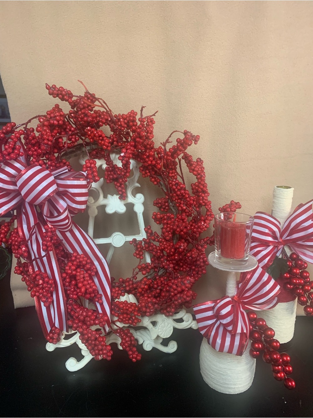 Red Holiday Berry Wreath with Striped Bow - Home Holiday Inv 594